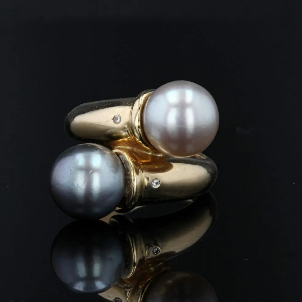 Bague duo perle blanche et perle grise diamants