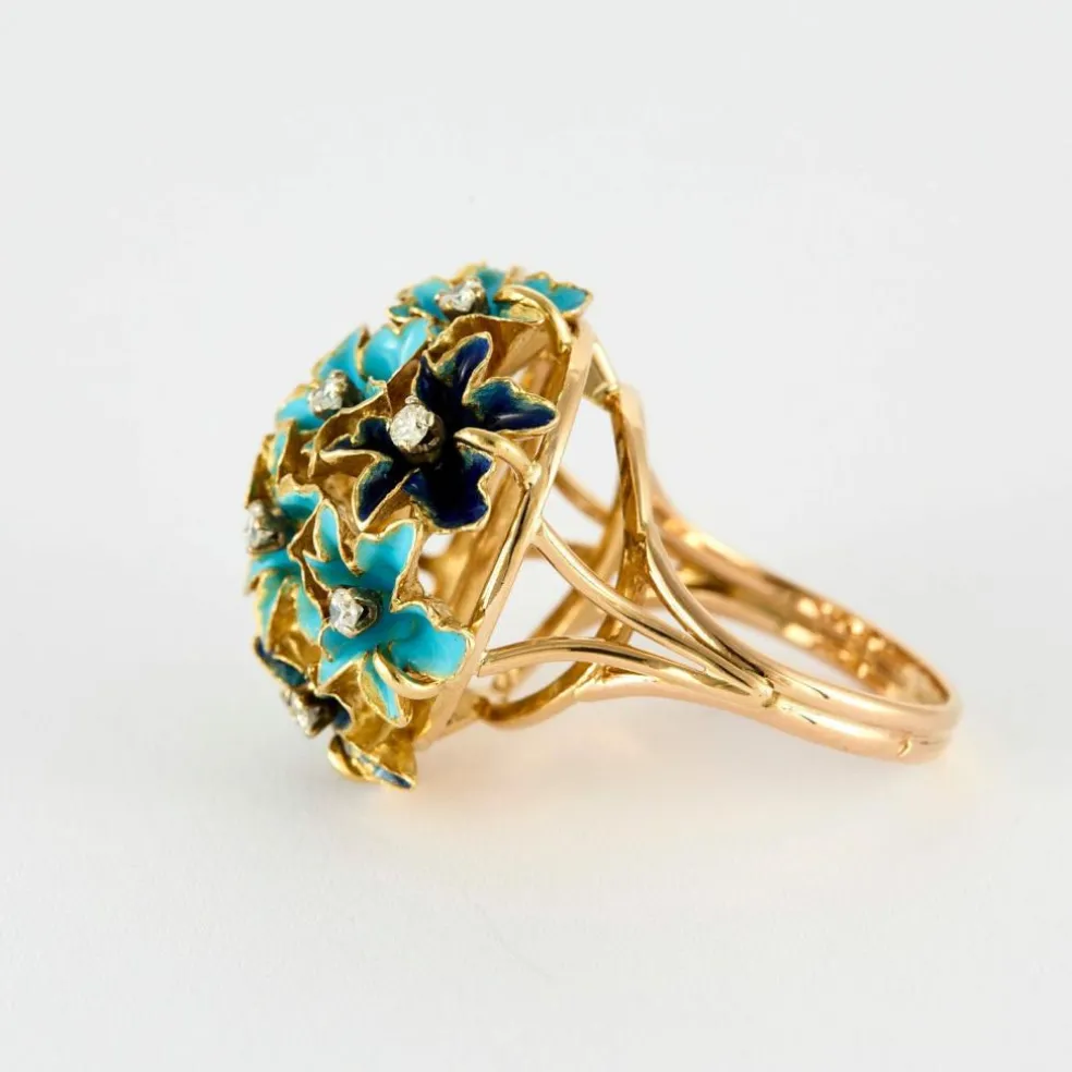 Bague email & diamants brillants or jaune