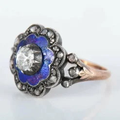 Bague Email bleu et Diamants