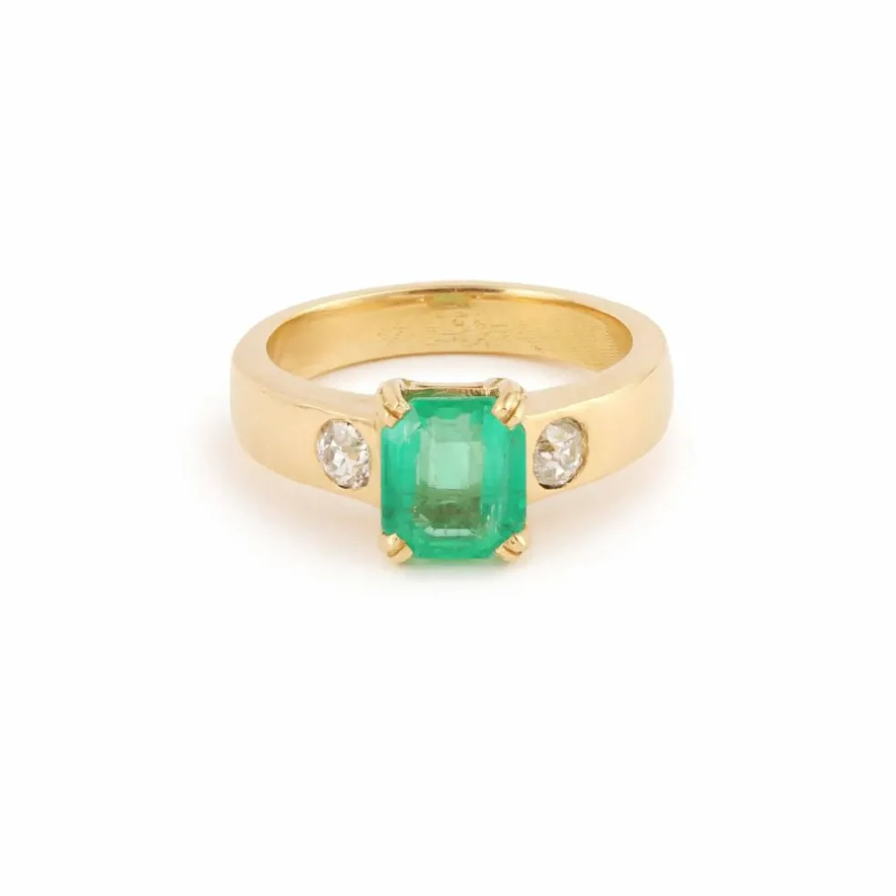 Bague Emeraude Colombie Diamants Or Jaune 18 Carats (Certificat)