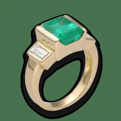 Bague Emeraude et diamants baguettes en or jaune