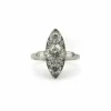 Bague en forme de navette en diamant de taille européenne ancienne en platine édouardienne