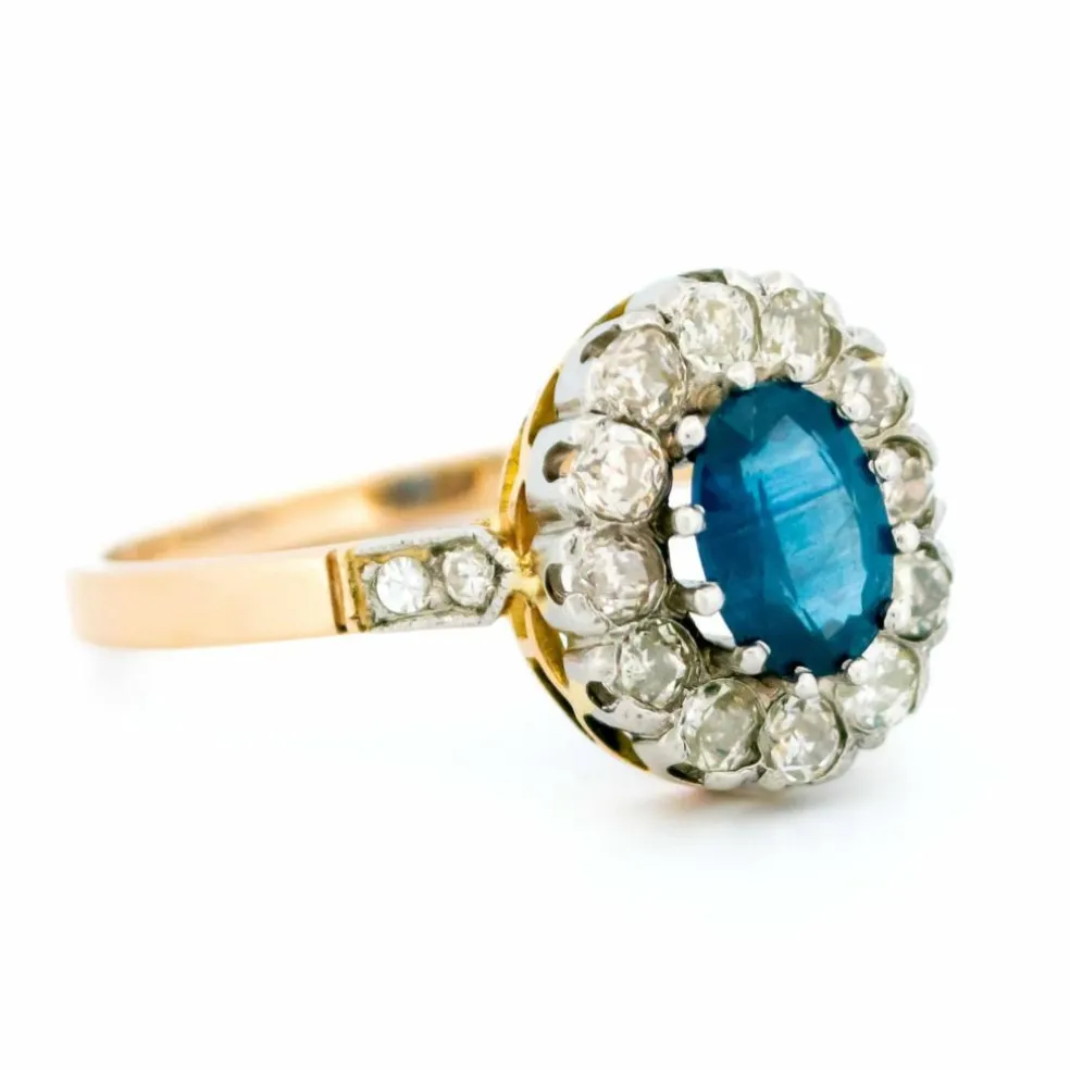 Bague en grappe de platine et diamants et saphirs