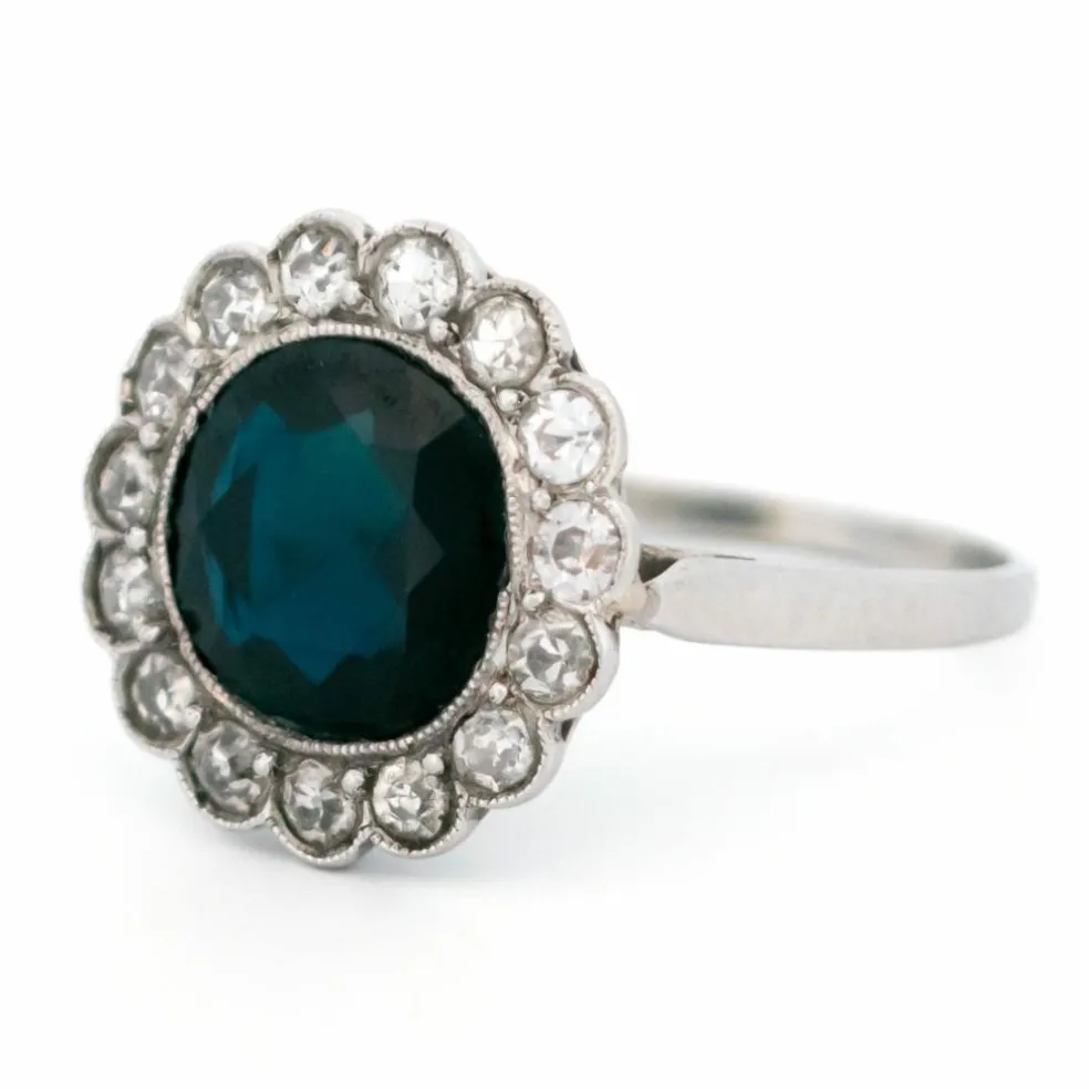 Bague en grappe de platine et diamants et saphirs