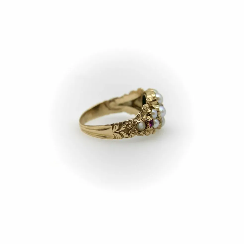 Bague en or 15 carats avec perle et rubis, style victorien précoce