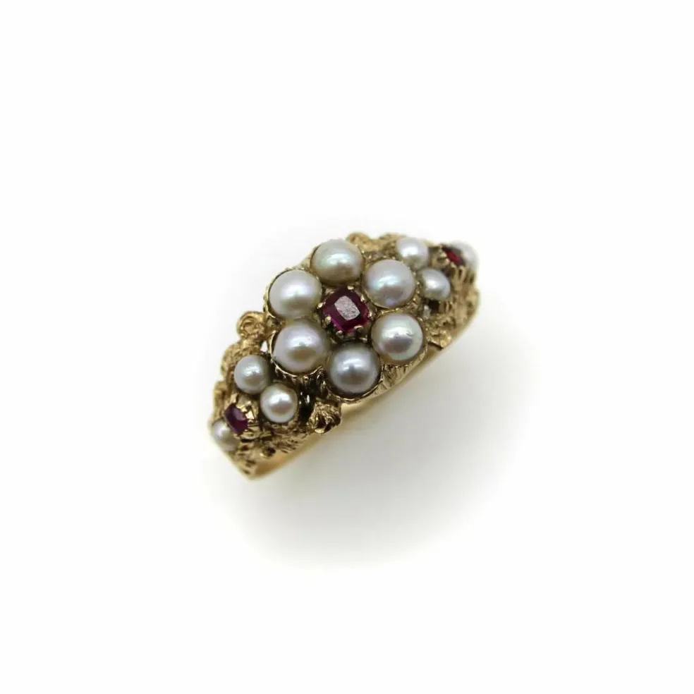 Bague en or 15 carats avec perle et rubis, style victorien précoce