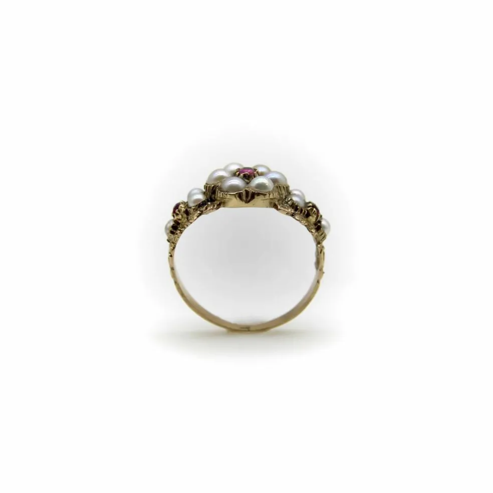 Bague en or 15 carats avec perle et rubis, style victorien précoce