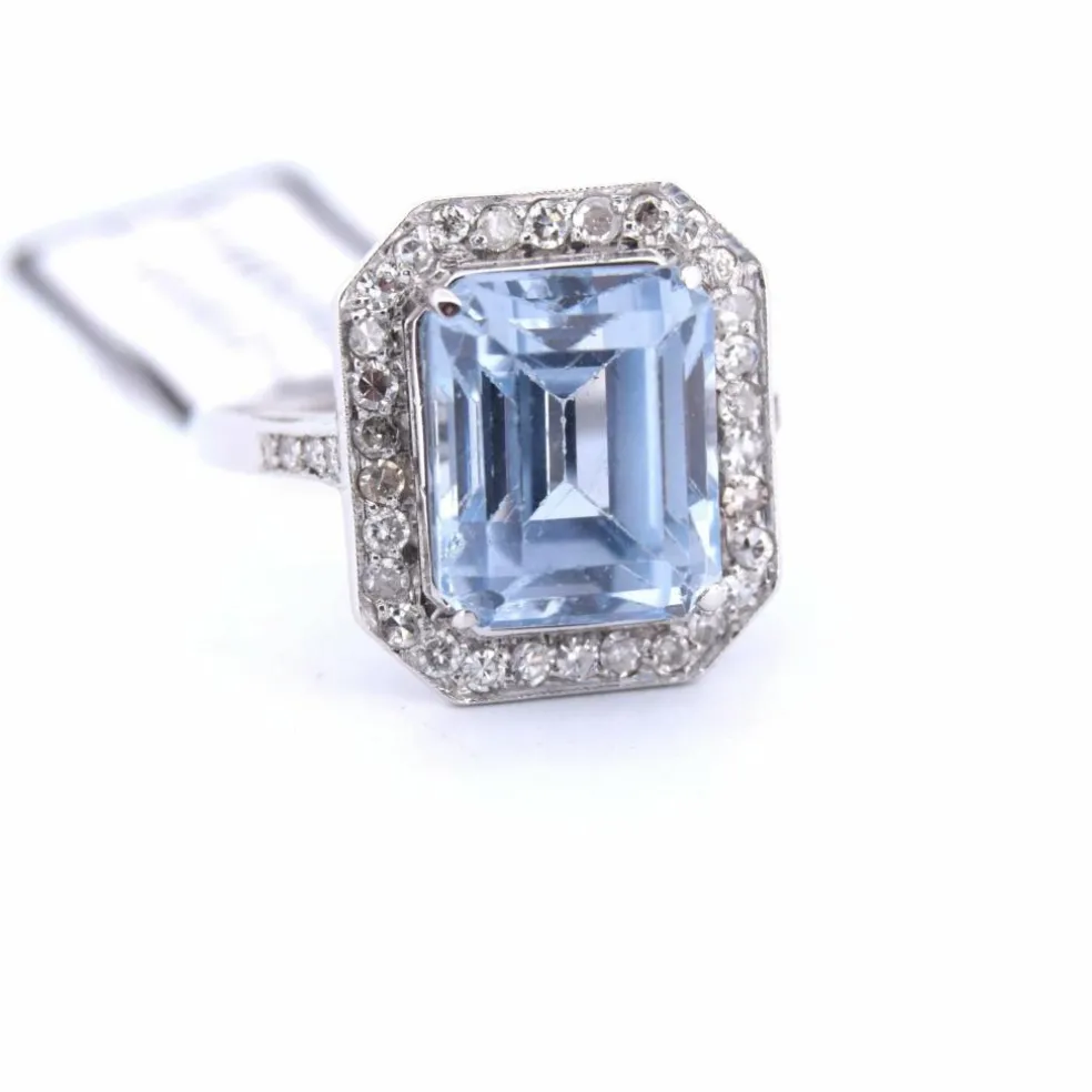 BAGUE EN OR BLANC 18 KT - AIGUE-MARINE ET DIAMANTS - ART DÉCO'
