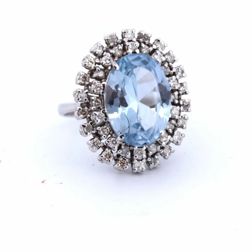 BAGUE EN OR BLANC 18 KT - AIGUE-MARINE - DIAMANTS