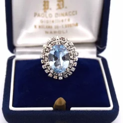 BAGUE EN OR BLANC 18 KT - AIGUE-MARINE - DIAMANTS