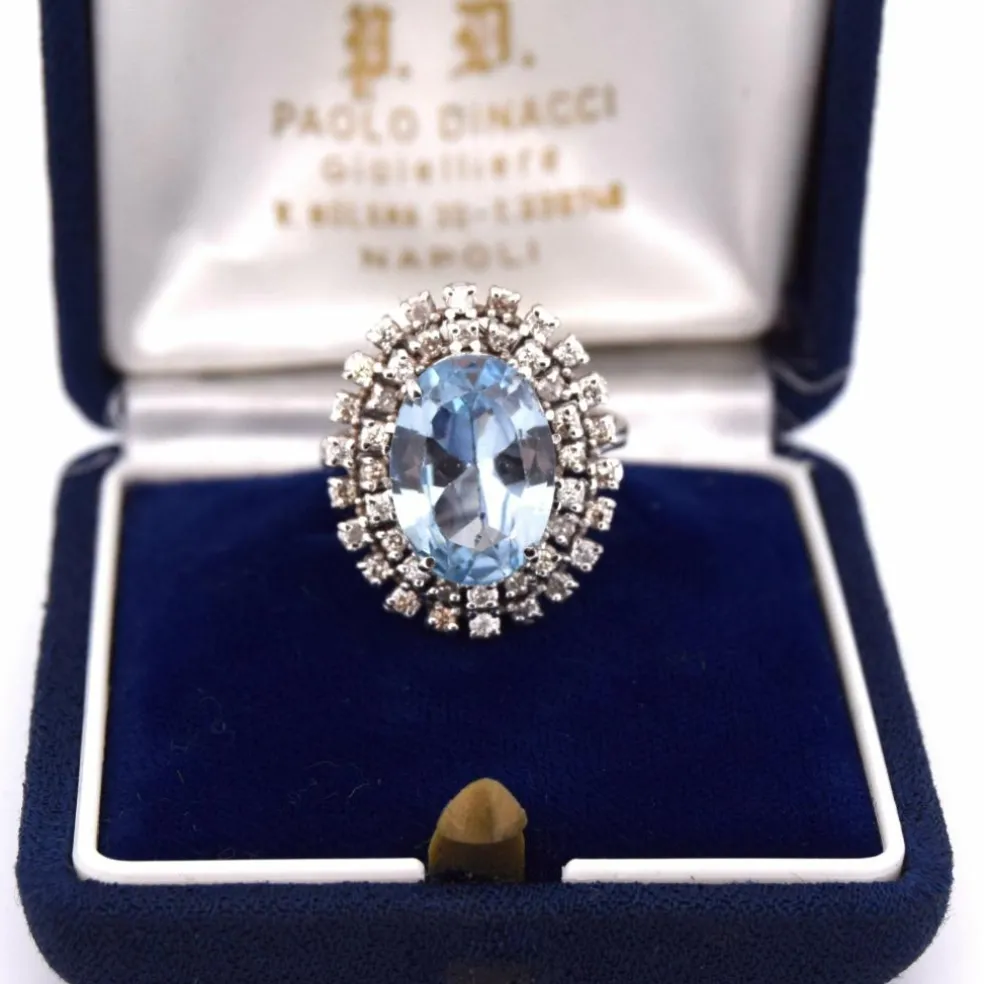 BAGUE EN OR BLANC 18 KT - AIGUE-MARINE - DIAMANTS