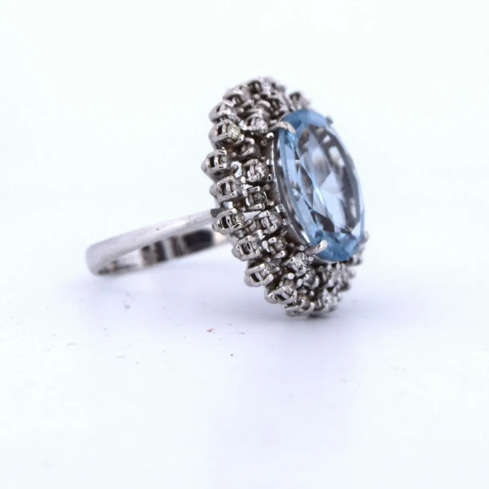 BAGUE EN OR BLANC 18 KT - AIGUE-MARINE - DIAMANTS
