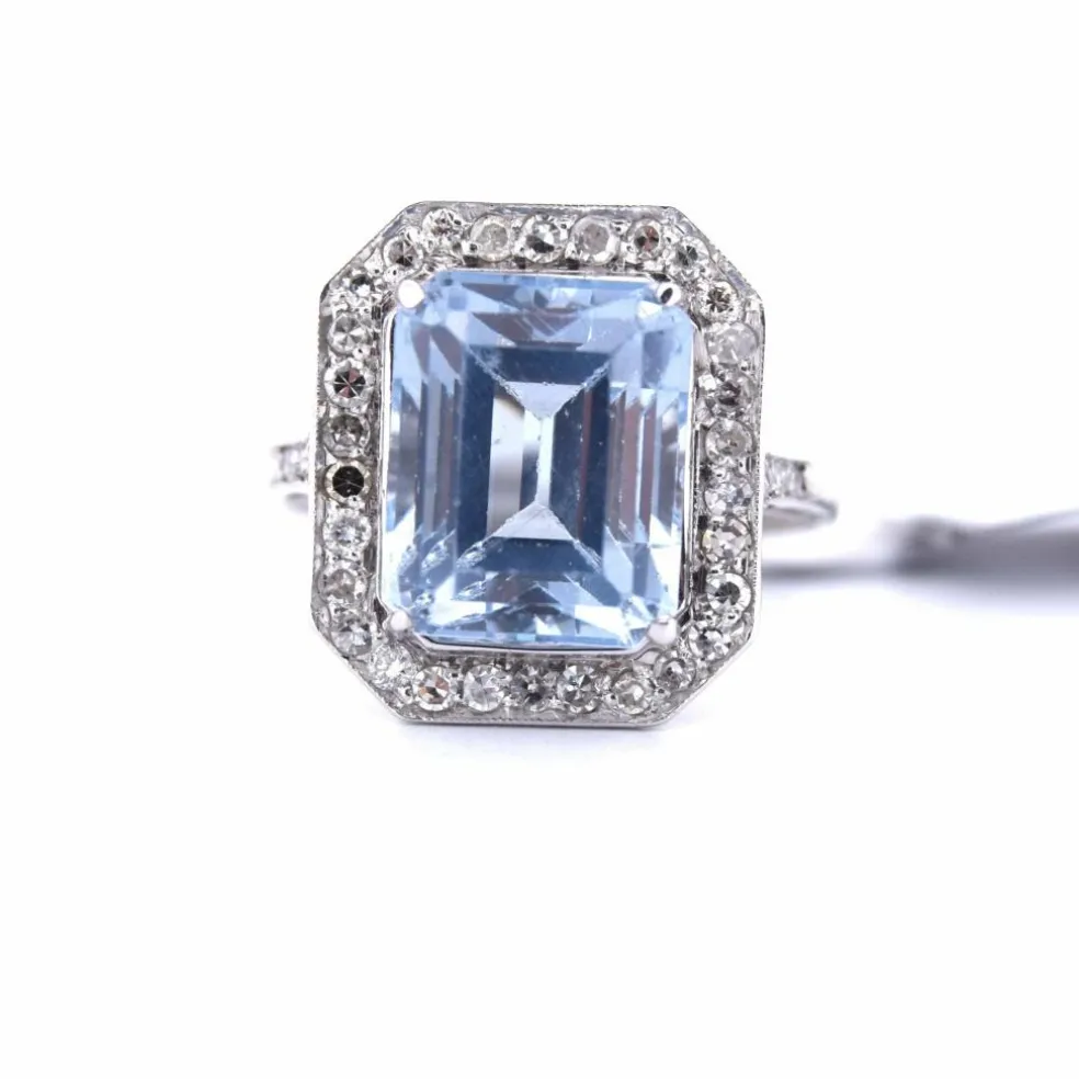 BAGUE EN OR BLANC 18 KT - AIGUE-MARINE ET DIAMANTS - ART DÉCO'