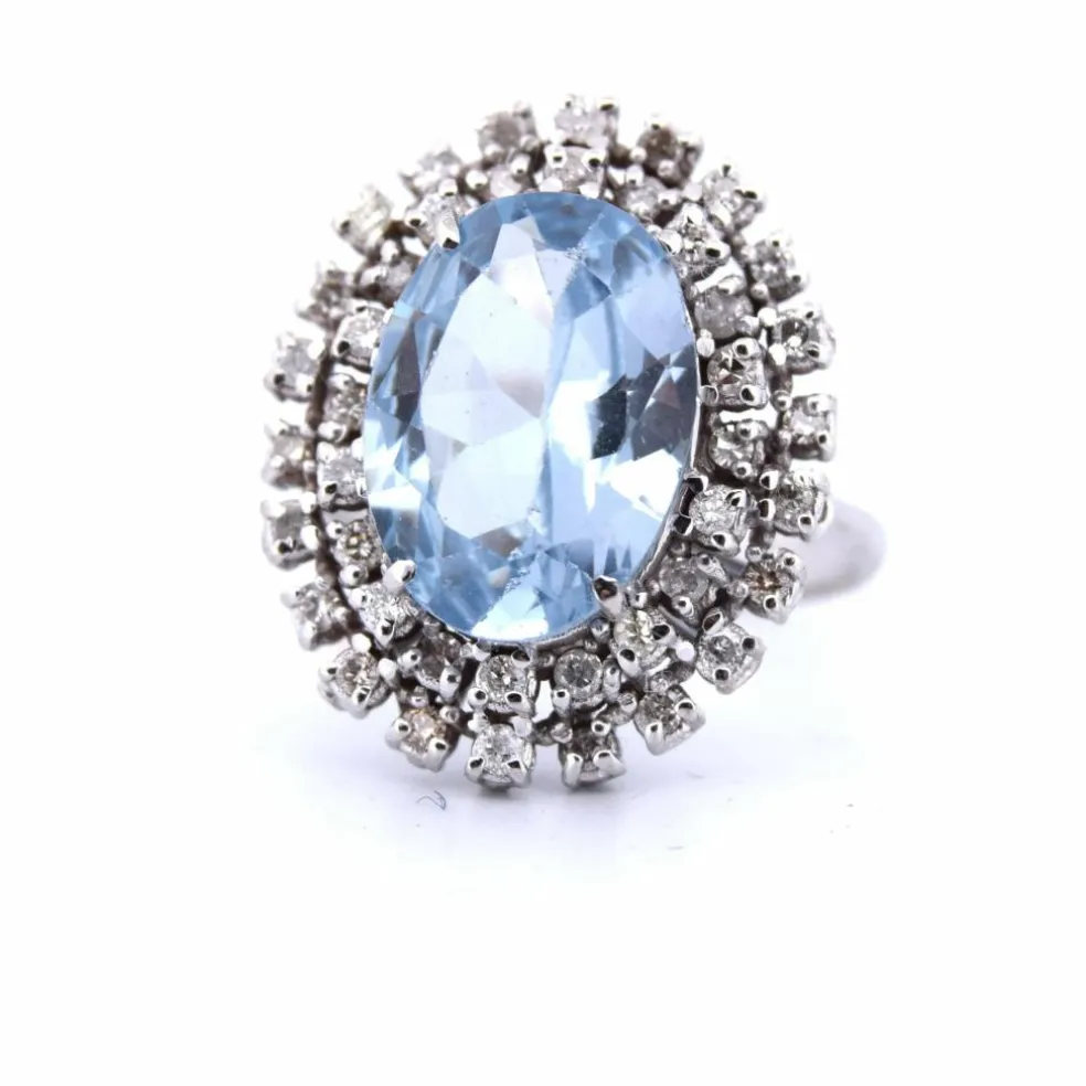 BAGUE EN OR BLANC 18 KT - AIGUE-MARINE - DIAMANTS