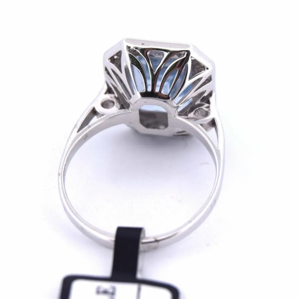 BAGUE EN OR BLANC 18 KT - AIGUE-MARINE ET DIAMANTS - ART DÉCO'