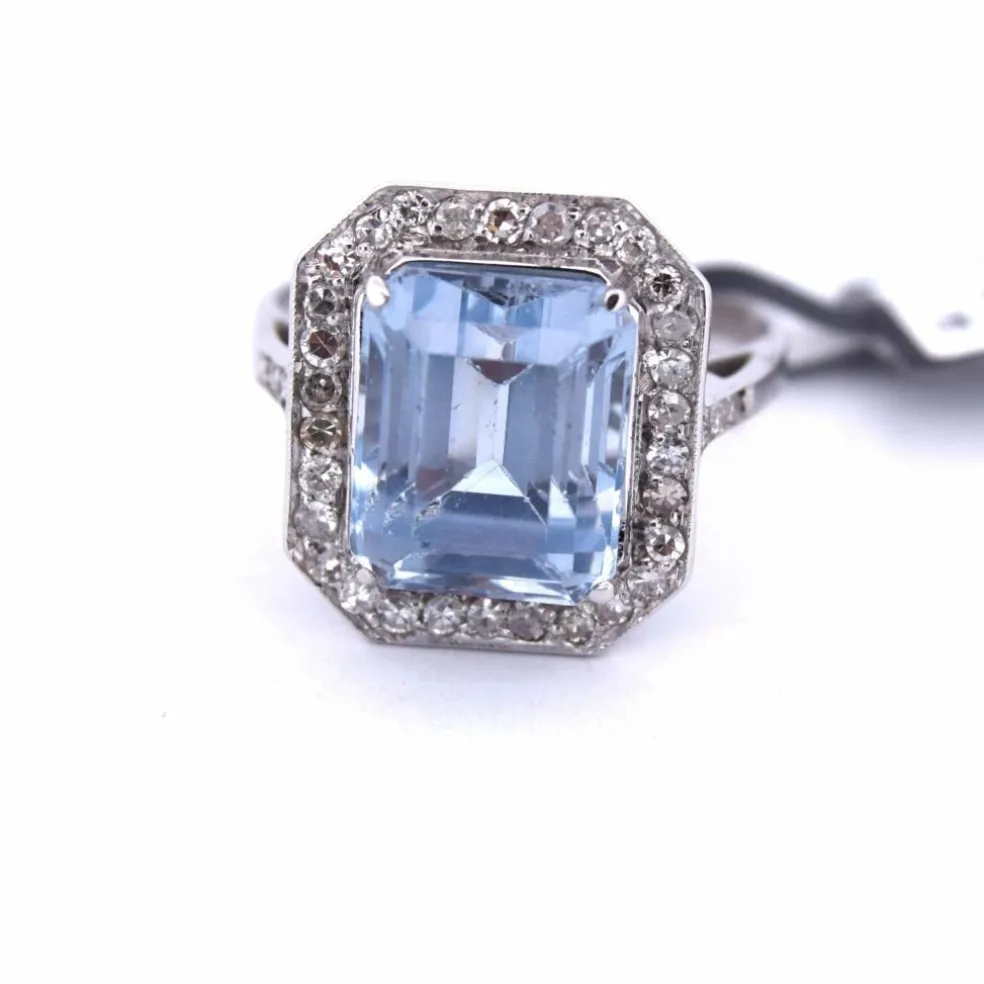 BAGUE EN OR BLANC 18 KT - AIGUE-MARINE ET DIAMANTS - ART DÉCO'