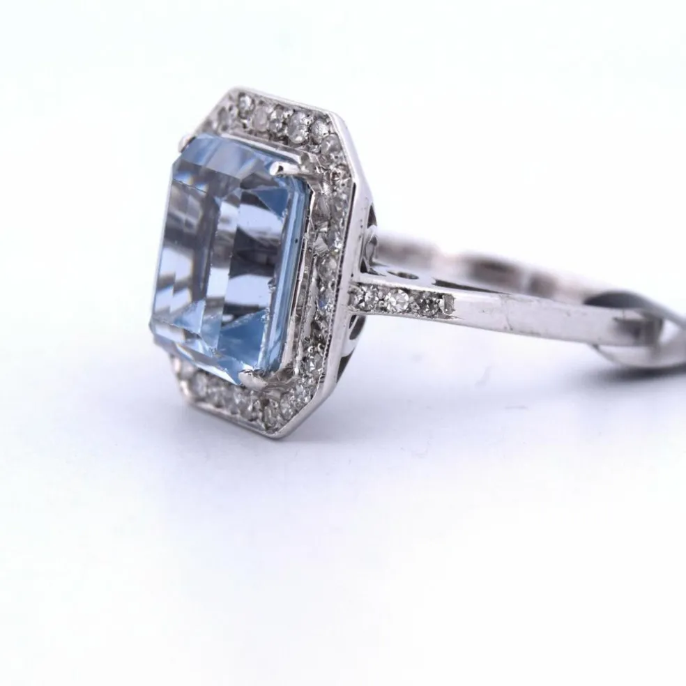 BAGUE EN OR BLANC 18 KT - AIGUE-MARINE ET DIAMANTS - ART DÉCO'