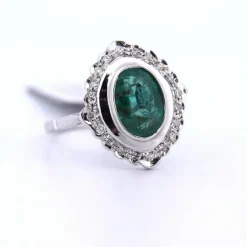BAGUE EN OR BLANC 18 KT - ÉMERAUDE ET DIAMANTS - STYLE DÉCO