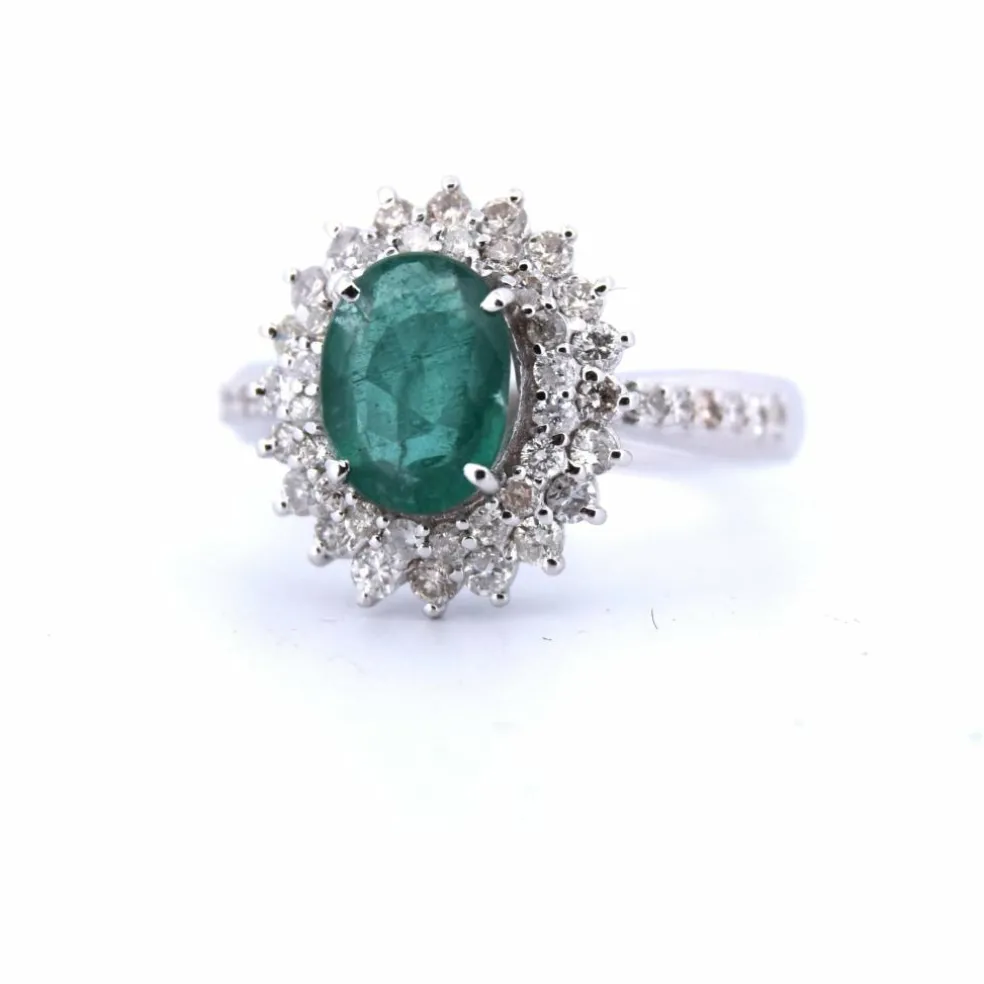 BAGUE EN OR BLANC 18 KT avec émeraude de 1,80 ct et diamants