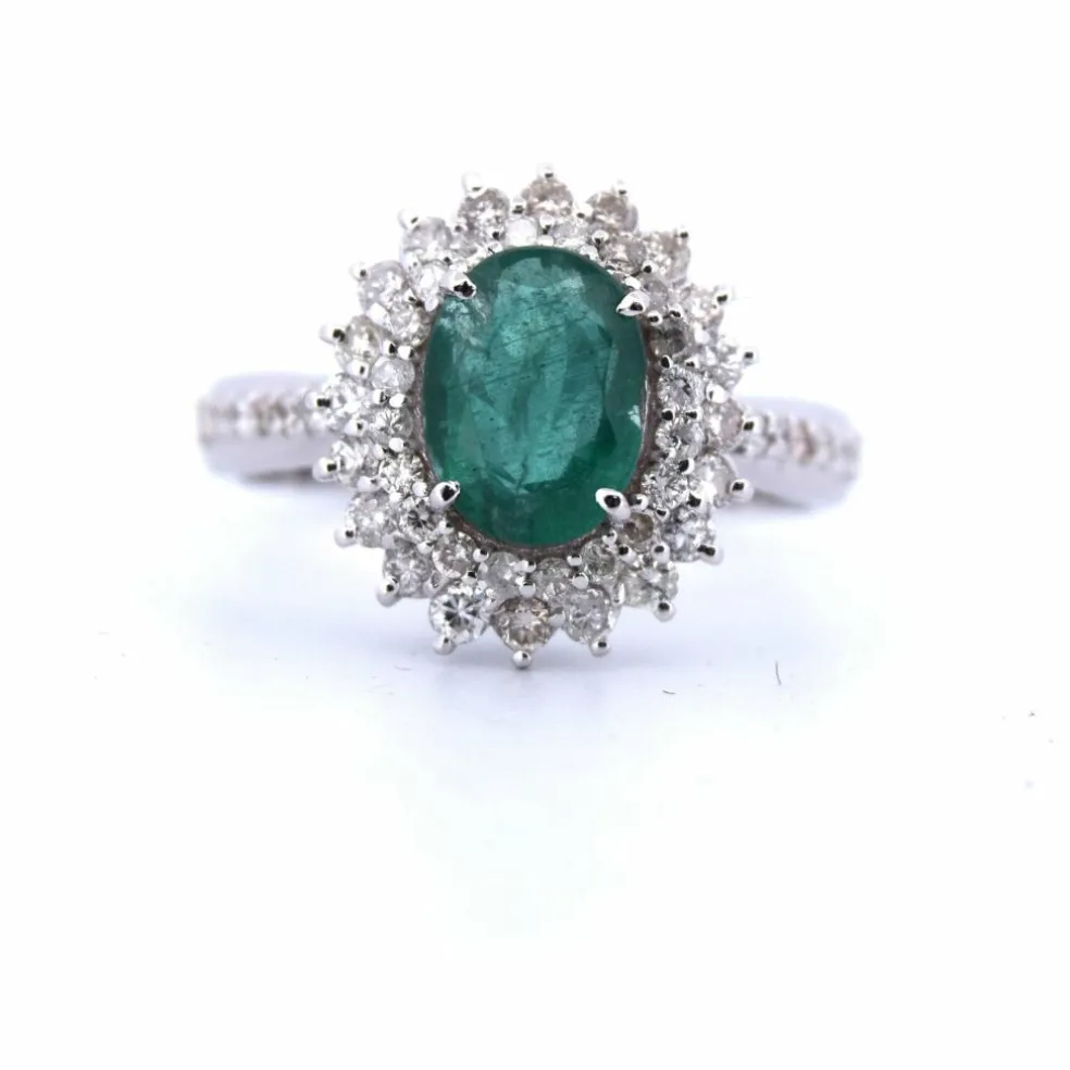 BAGUE EN OR BLANC 18 KT avec émeraude de 1,80 ct et diamants