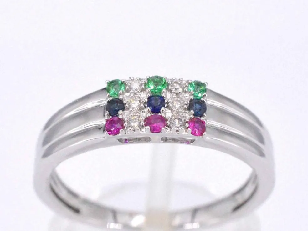 Bague en or blanc avec diamant et pierres précieuses multicolores