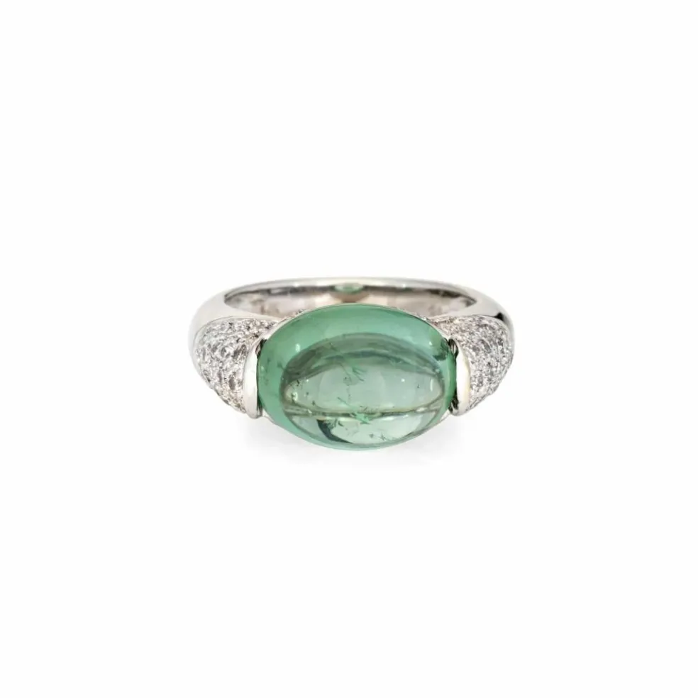 Bague en or blanc avec diamants et tourmaline verte écume de mer