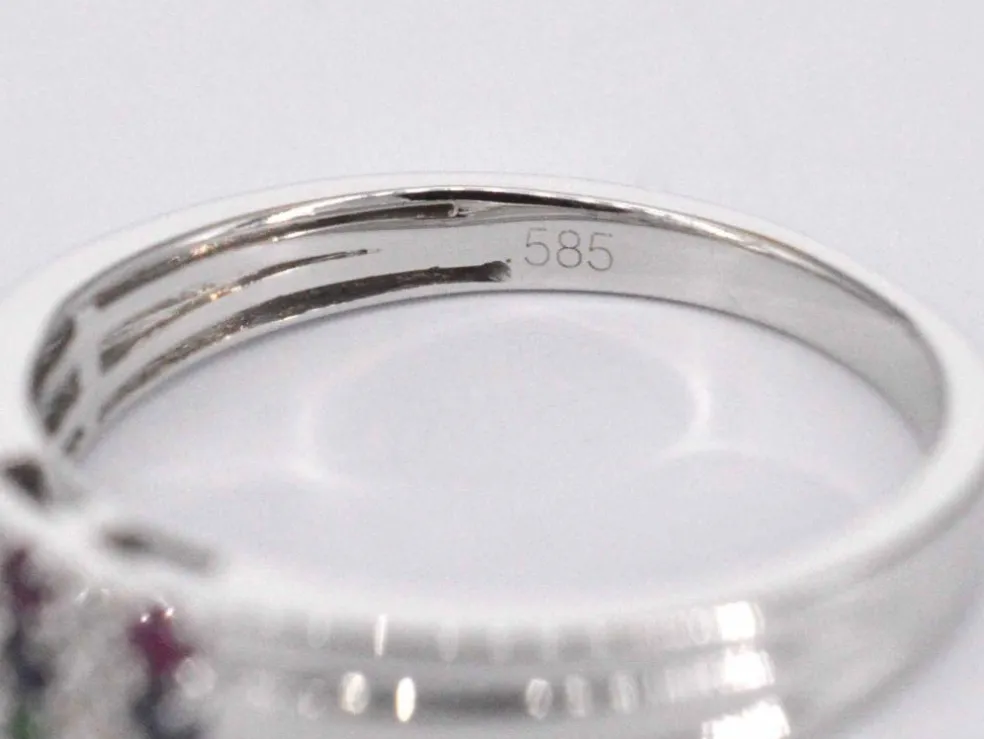 Bague en or blanc avec diamant et pierres précieuses multicolores