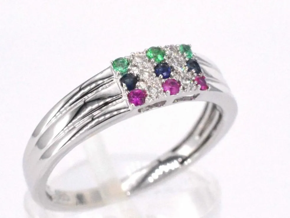 Bague en or blanc avec diamant et pierres précieuses multicolores