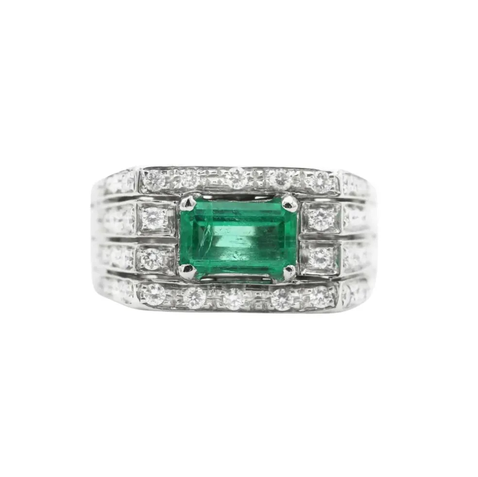 Bague en or blanc avec émeraude et diamants