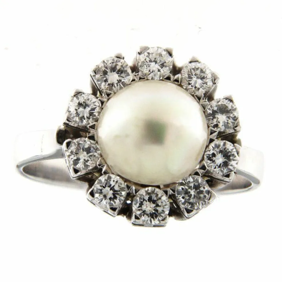 Bague en or blanc avec perle et diamants