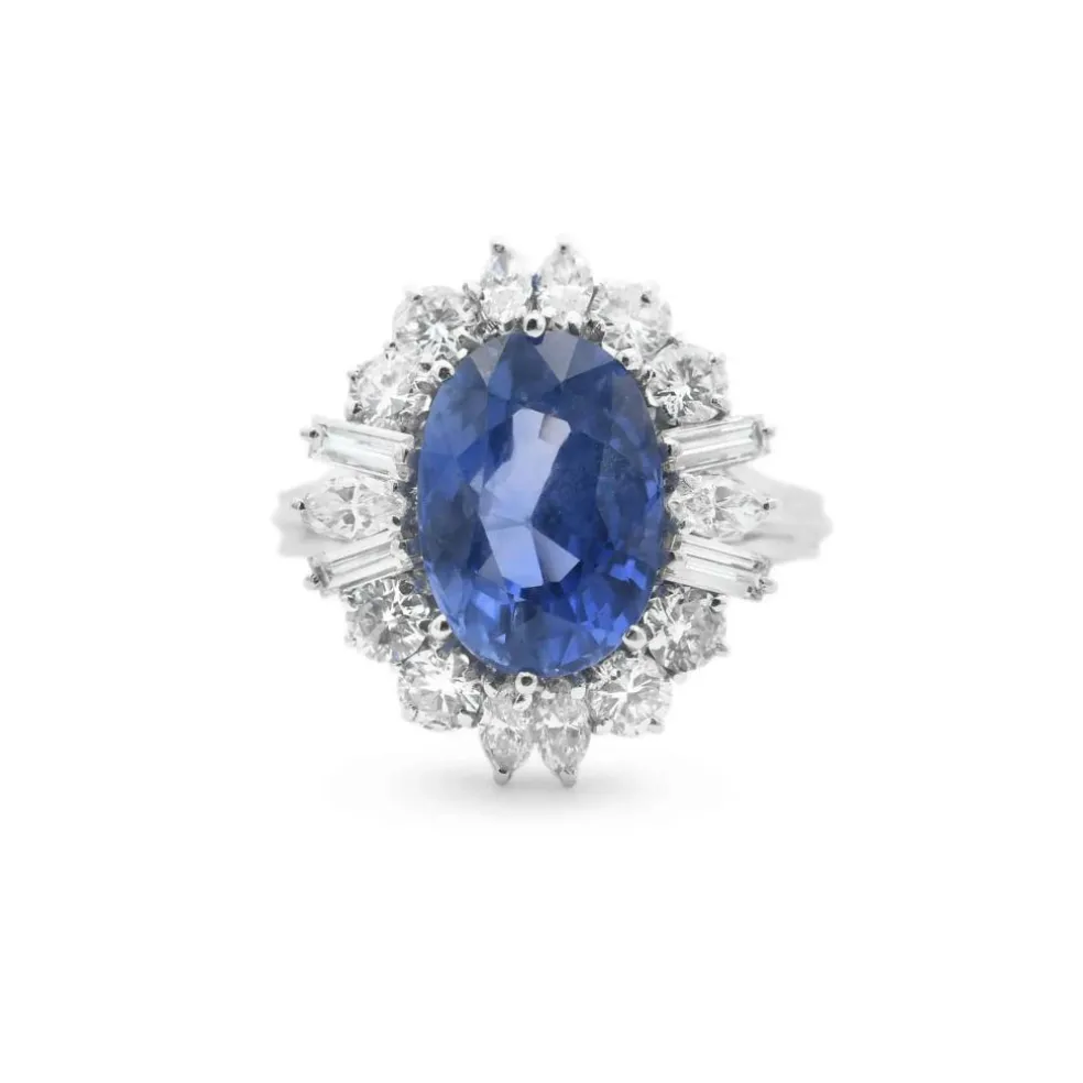 Bague en or blanc avec saphir de Birmanie sans chaleur et diamants