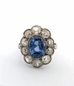 Bague en or blanc avec saphir Celyon et diamants taille Ancienne Mine