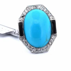 Bague en or blanc avec turquoise et onyx
