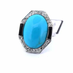 Bague en or blanc avec turquoise et onyx
