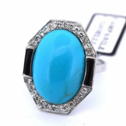 Bague en or blanc avec turquoise et onyx