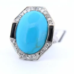 Bague en or blanc avec turquoise et onyx