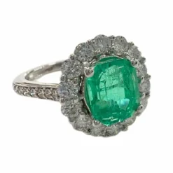 Bague en or blanc, diamant et émeraude, de conception contemporaine - avec certificat d'authenticité