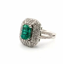 Bague en or blanc massif avec émeraude colombienne et diamants