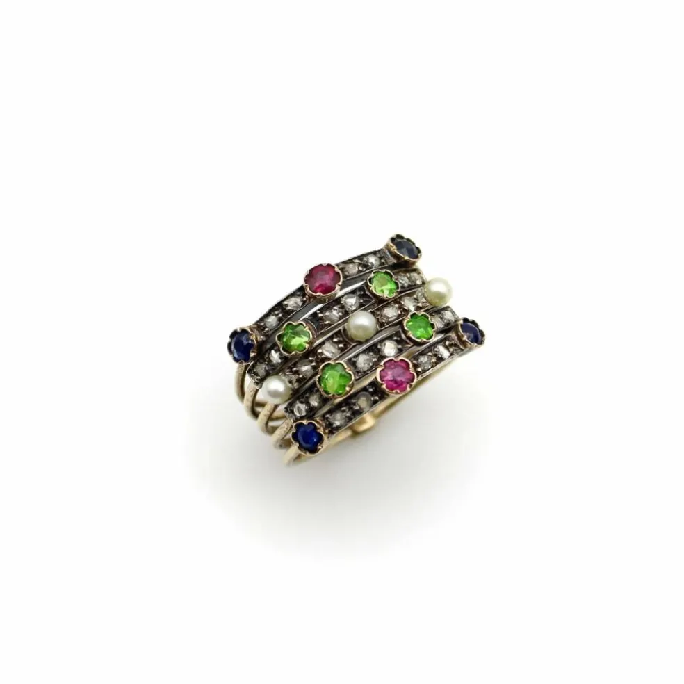 Bague en or, diamant, rubis, saphir, grenat, perle