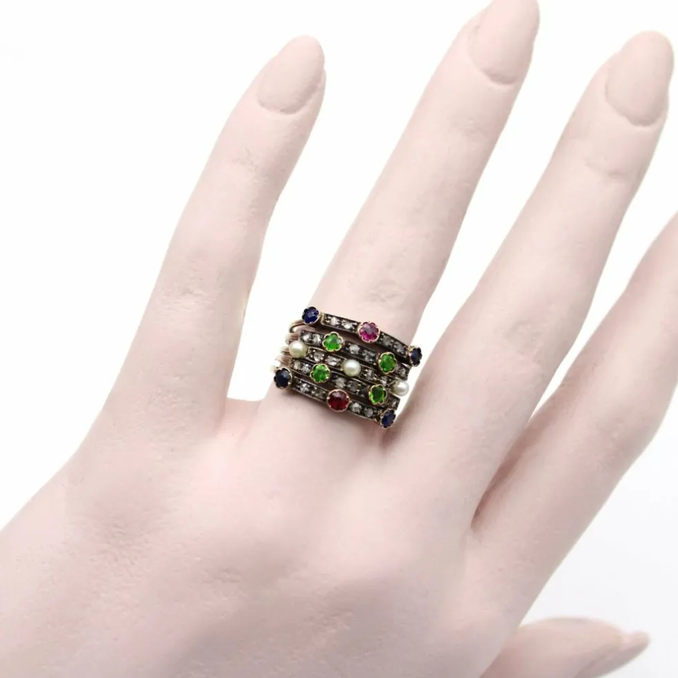 Bague en or, diamant, rubis, saphir, grenat, perle