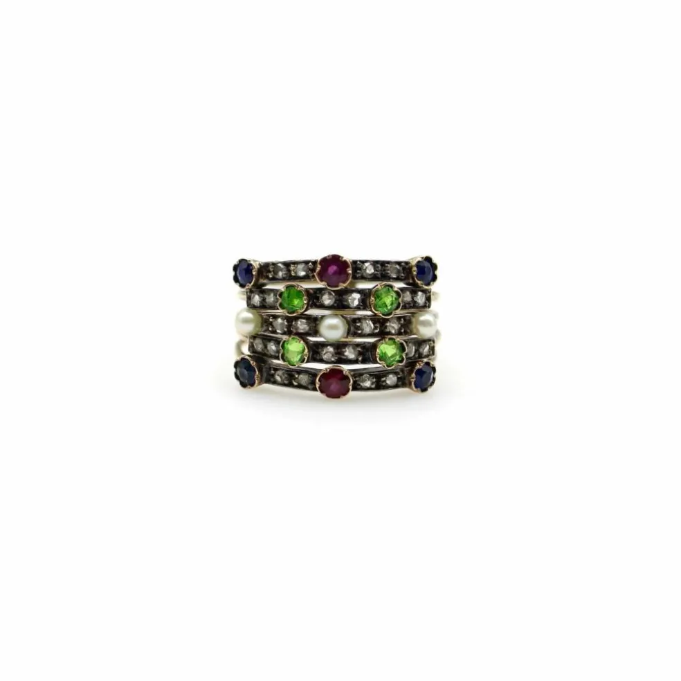 Bague en or, diamant, rubis, saphir, grenat, perle