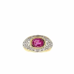 Bague en or filigrane de diamants non chauffée avec rubis de Birmanie certifié vintage