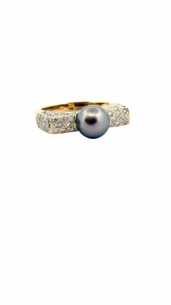 Bague en or jaune 18 carats diamants et perle de Tahiti