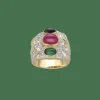 Bague en or jaune 18 Cts avec saphir, rubis, émeraude et diamants vers 1990. T49