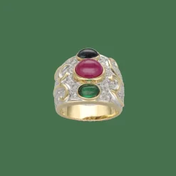 Bague en or jaune 18 Cts avec saphir, rubis, émeraude et diamants vers 1990. T49