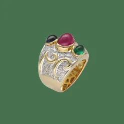 Bague en or jaune 18 Cts avec saphir, rubis, émeraude et diamants vers 1990. T49