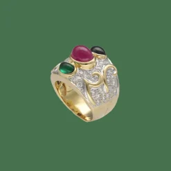 Bague en or jaune 18 Cts avec saphir, rubis, émeraude et diamants vers 1990. T49
