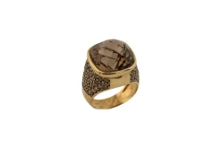 Bague en or jaune avec quartz fumé et diamants bruns