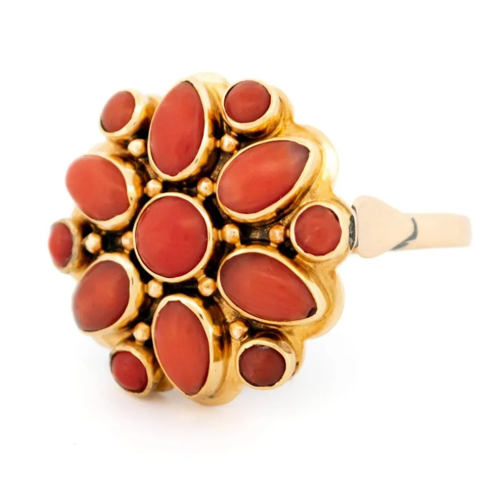 Bague en or jaune corail 14 carats avec grappe de fleurs