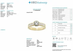 Bague en or jaune diamants certificat HRD